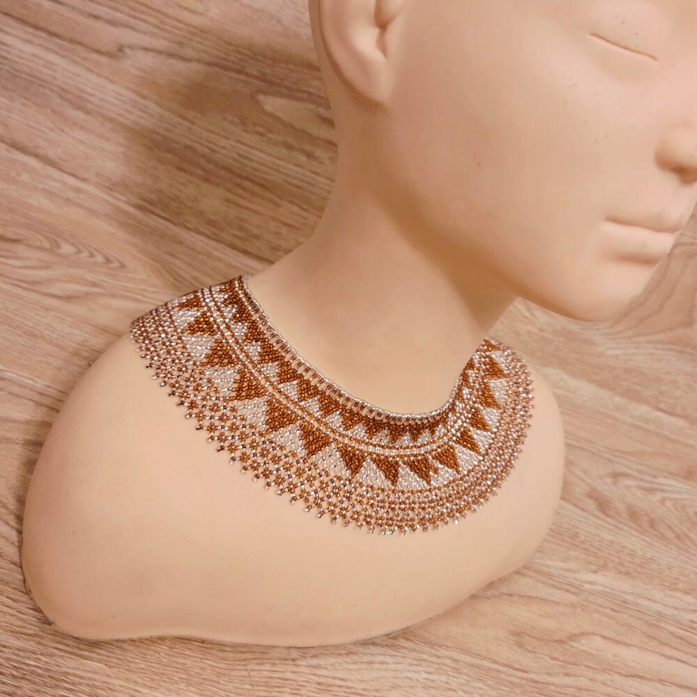 Delicate Handmade Beaded Collar Necklace Fringe Seed Bead Choker Golden Brown